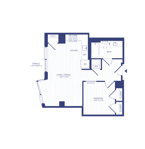 Floor plan for 1 bed, 1 bath, 592 sqft